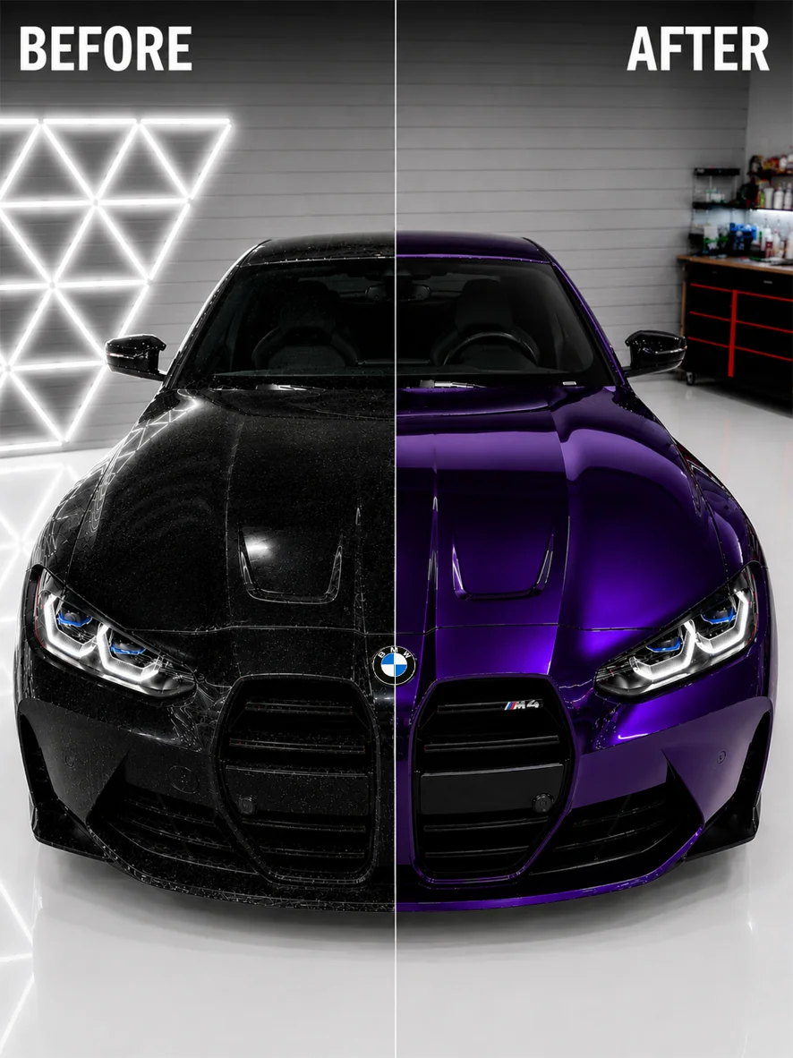 Luxe Wraps & Tint installer smoothing vinyl film onto a vehicle panel